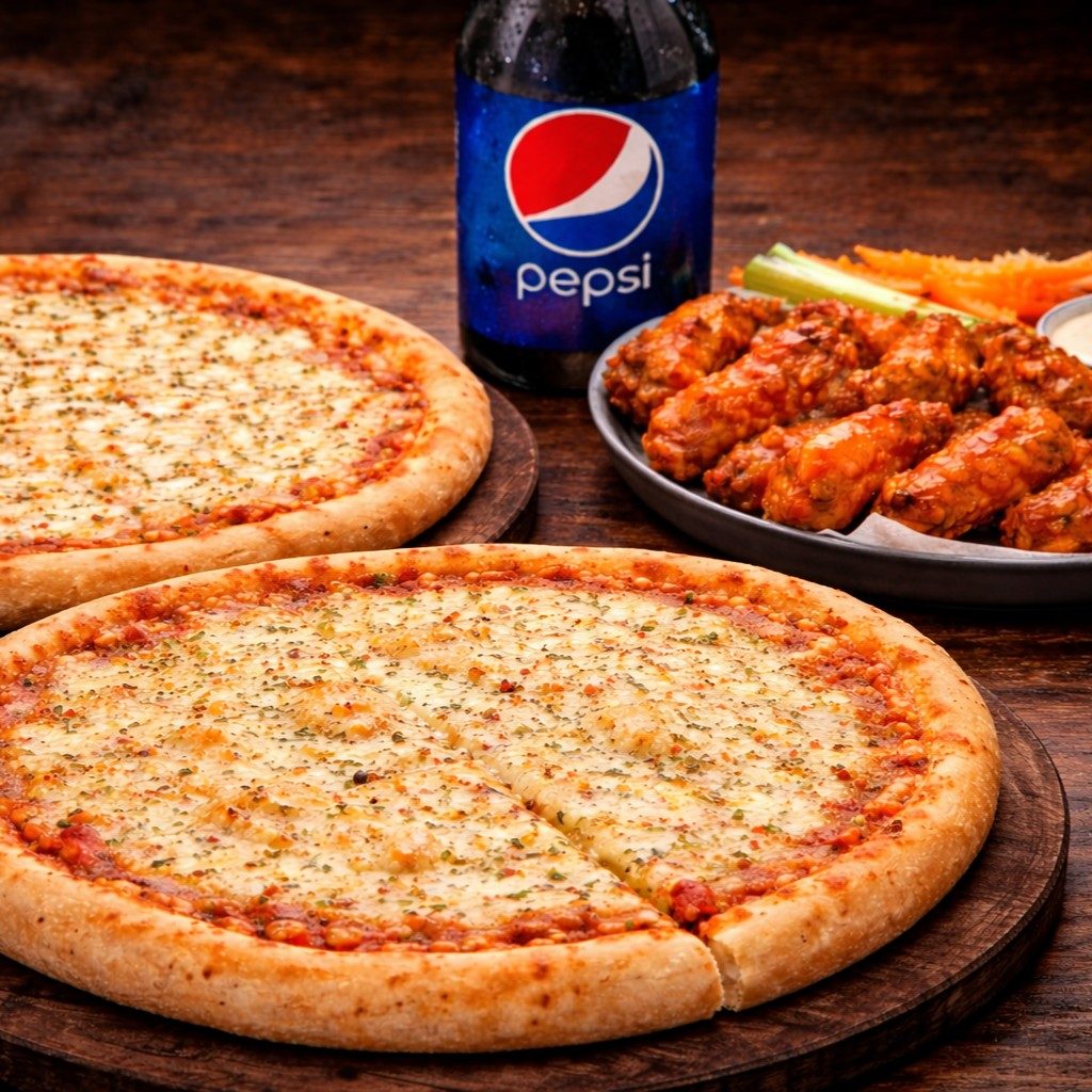 2 Large Cheese Pizza, 15 Wings Buffalo Jumbo Wings & 2 Liter of Soda.